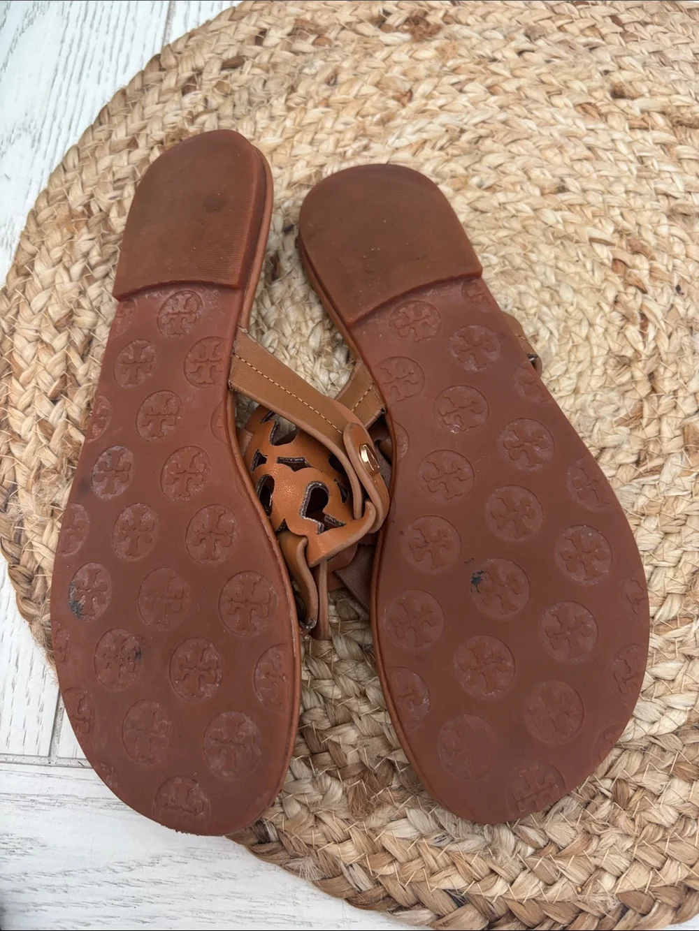 Tory Burch Tan Miller Logo Leather Thong Sandals